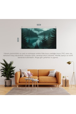 Doğa Ve Manzara Yatay Yoğun Ağaçlar Ve Gizli Göl, Sisli Vadi, Gizemli Ruh Hali Soluk Renkler 04 Çerçevesiz 90x60cm Pvc Tablo