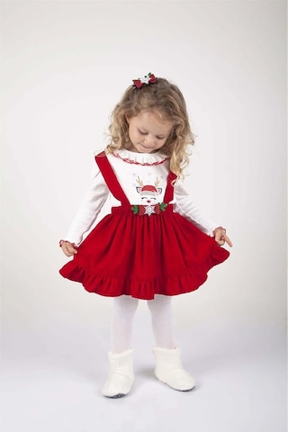 Yıl Başı Temalı Kız Çocuk Geyik Desenli Badili Salopet Elbise Kırmızı