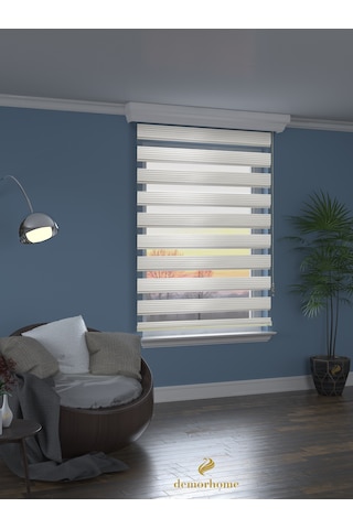 Br Demor Home Geniş Pliseli Ekru Zebra Stor Güneşlik Perde Metal Kasa Ekru