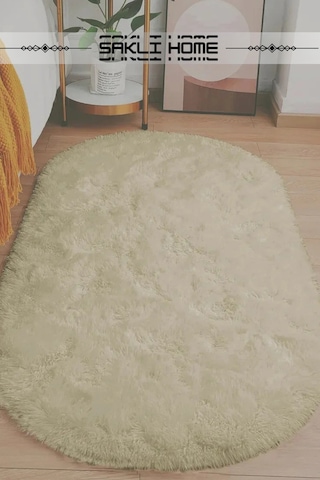 Bej Oval Post Halı Peluş Yumuşak Kaymaz Dot Taban Makinada Yıkanabilir Yolluk Bej