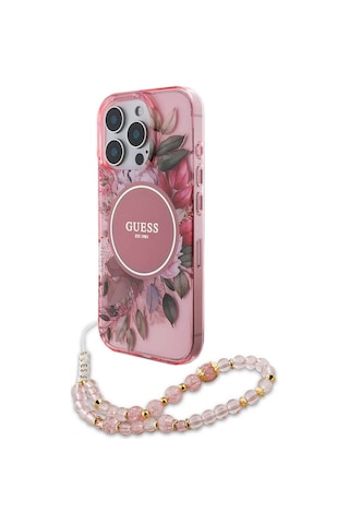 Apple Uyumlu iPhone 16 Pro Kılıf Guess Lisanslı Magsafe Özellikli Iml Baskılı Çiçek İnci Bileklikli Pembe