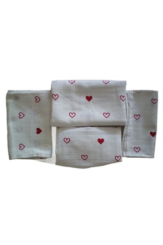 More Home Bebek Müslin Bez Battaniye Set 6 Parça Parça Kalpli Beyaz Kırmızı Beyaz - Kırmızı