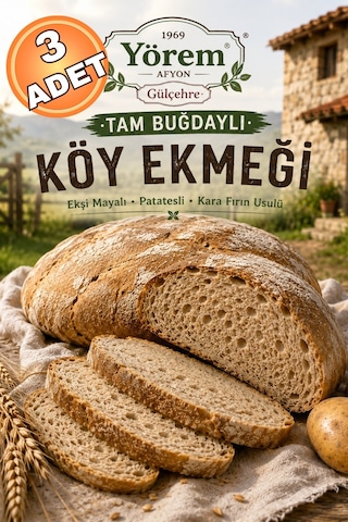 Yörem Afyon Afyon Yöresinden Kara Fırın Usulü Hakiki Ekşi Mayalı Patatesli Tam Buğdaylı Köy Ekmeği 1,5kg 3 Adt
