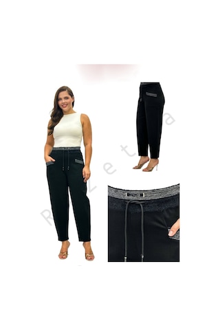 Büyük Beden Mom Fit Yüksek Bel Kışlık Lastikli Kadın Pantolon Siyah