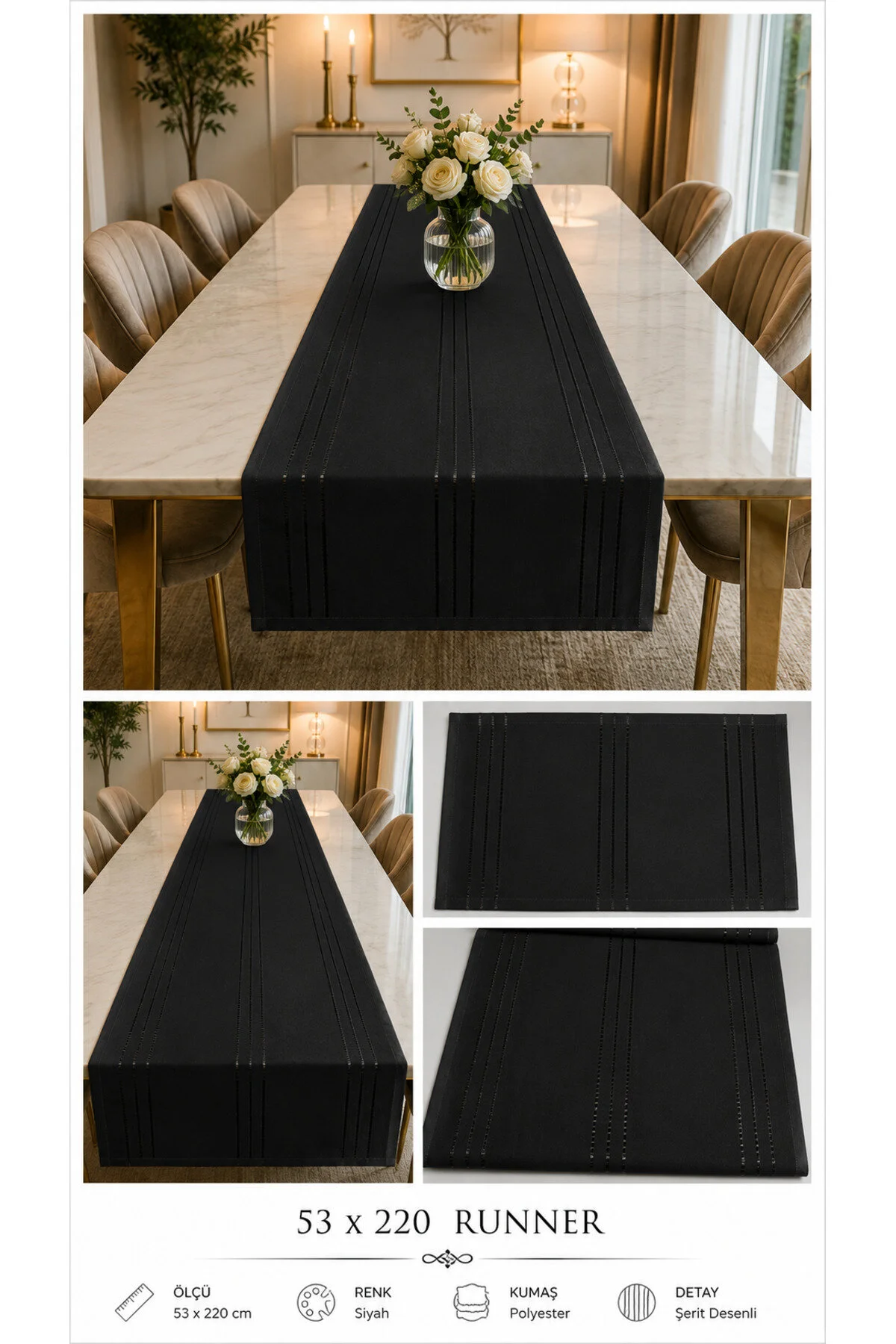 %100 Polyester Dertsiz Leke Tutmaz Şerit Desenli Runner Masa Örtüsü 53x200 Cm Siyah
