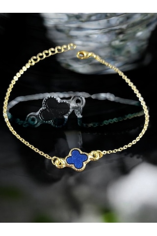 Feron Accessories Gold Renk Minimal Mavi Yonca Bileklik Gold