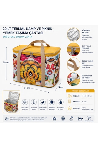 20 Lt Termal Kamp Ve Piknik Yemek Taşıma Çantası, Soğutucu Buzluk Çanta-366 Karışık/Çok Renkli