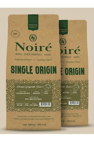 2'li Set Noire Ethiopia Yirgacheffe 1kg %100 Arabica Orta Sert, Çiçek & Meyve Tadım Notalı Kahve Çekirdek