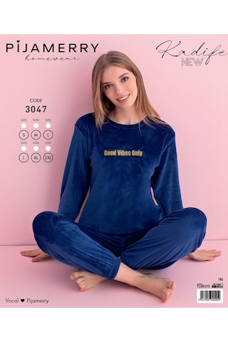 Pijamerry Kadın Kışlık Bisiklet Yaka Kadife Pijama Takımı 3047m - 1 Adet Mavi