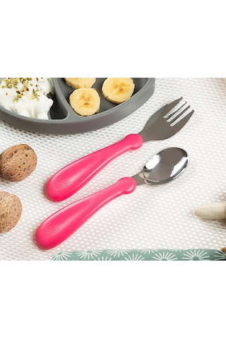 Babyjem Paslanmaz Çelik Çatal Kaşık Seti 522 Pembe Pembe