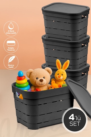 4'lü Kapaklı 5 Litre Delikli Saklama Kutusu Antrasit Antrasit