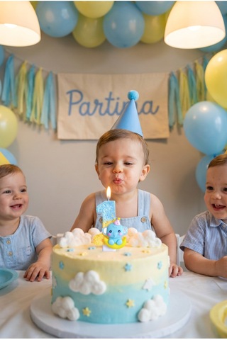 Sevimli Fil Figürlü Mavi-sarı Rakam Mum Doğum Günü Pasta Süsü
