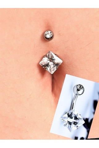 Çift Zirkon Taş Kare Detay Göbek Piercing 316l Cerrahi Çelik-gbkpr74 Çok Renkli