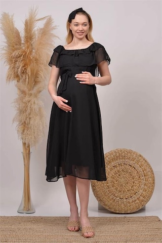 Kadın Kuşaklı Şifon Hamile Elbisesi Dphml8060 Siyah