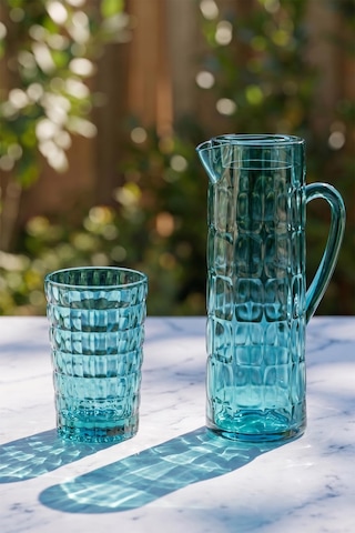 Akrilik Allegra Aquamarin 7 Parça Su Meşrubat Kahve Yanı Bardağı 400 Ml Ve Akrilik Allegra Aquamarin 1,5 Lt Sürahi Cam Değildir Turkuaz
