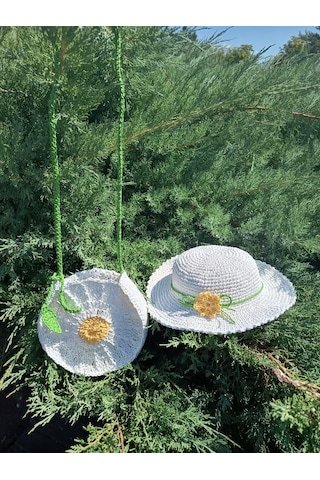Elmundo Butik Kağıt İp El Yapımı Papatya Şapka Beyaz