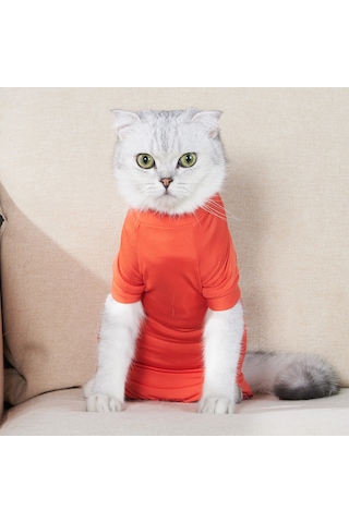 Vkemall Kedi Ameliyat Sonrası Kıyafeti, Dört Bacaklı, Yara Yalama Engeli, Esnek Kumaş, Turuncu, Beden L