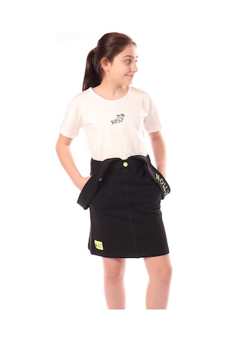 Toontoy Kız Çocuk Bisiklet Yaka Basic T-shirt Ve Askılı Cepli Nakış Baskılı Salopet Elbise - 2'li Takım Siyah