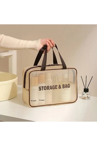 Konesam Büyük Boy Bej Mesh Seyahat Kosmetik Çantası - Su Geçirmez, Havalandırmalı, Organize Edici, Optik Tasarım, Toptan Alım