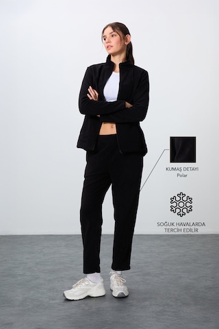 Tommy Life Siyah Kalın Yumuşak Dokulu Dik Yaka Oversize Nakışlı Polar Kadın Eşofman Takım -95339 Siyah