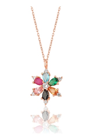 Zanaatsilver 925 ayar Gümüş Zincirli Mix taşlı Rose kaplama Lotus Kamelya Çiçeği kolye