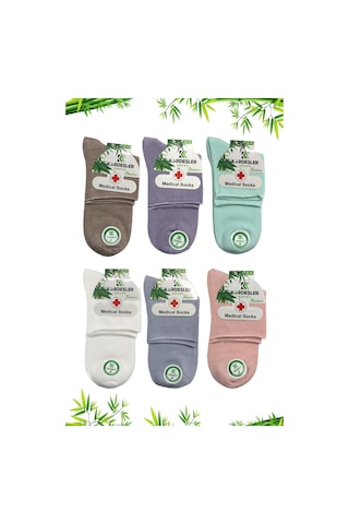 Bambu Kadın Çok Renkli Yarım Konç Diyabetik Şeker Çorabı Sıkmayan Çorap 6'lı Paket Çok Renkli