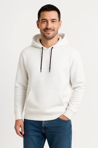 Erkek Üç İplik Kapüşonlu Kanguru Cepli Sweatshirt Hoodie - Beyaz Beyaz
