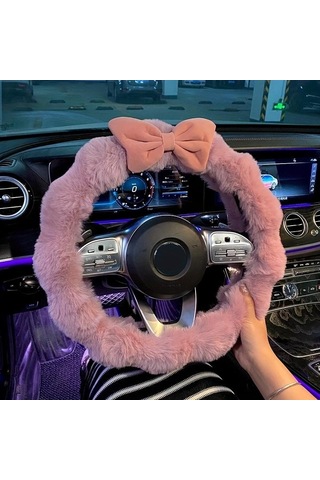 Fiyonklu Yumuşak Peluş Kış Direksiyon Kılıfı Pembe