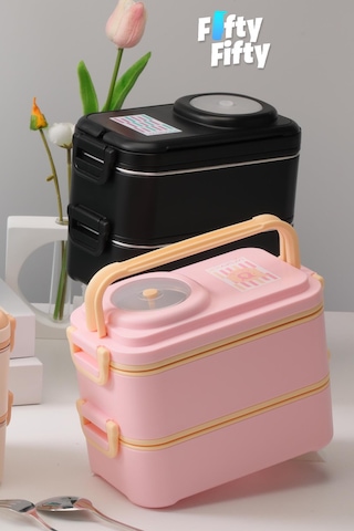 Uzspace 1200 Ml İki Kat Dört Bölme Paslanmaz Çelik Lunch Box Yeni Nesil Sefer Tası-sos Kaseli Model-fflbox8023 Pembe