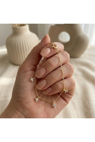 925 Ayar Gümüş Gold Minimal Çiçek Bileklik Altın