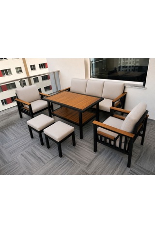 Borulu Larissa Bahçe Mobilyası Takımı - 3+1+1+2 Puf - Siyah Metal / Bej Minder