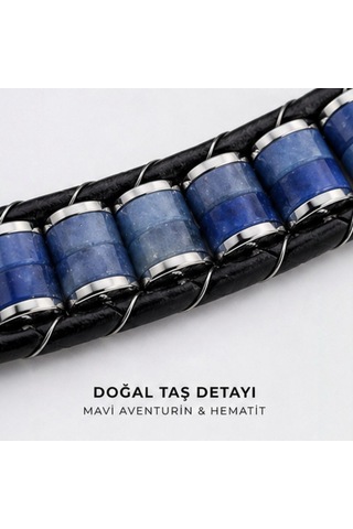 Mavi Aventurin Ve Hematit Doğaltaş Deri & Çelik Örgü Erkek Bileklik Premium Tasarım