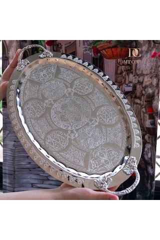 Dmt Gaziantep Bakır 42,5 Cm Osmanlı El İşi Sunum Tepsi Kına Tepsisi 42.5cmx28cm Gümüş