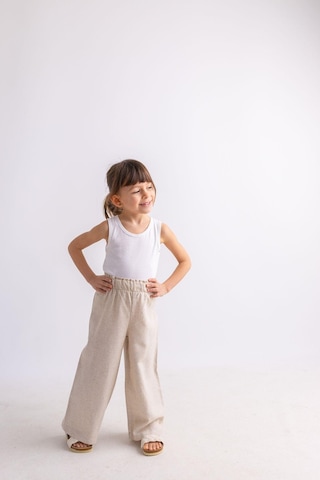 Oliven The Kid Oliventhekid Bej Keten Beli Fırfırlı Lastikli Geniş Paça Kız Çocuk Pantolon Bej Bej