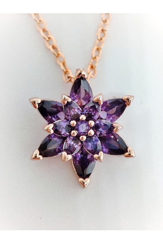 Ervanur Kadın Rose Gold Zincir Kaplama Zirkon Taşlı Mor Lotus Çiçeği Kolye Mor