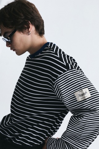Vamos Kontrast Yaka Çizgili Sweatshirt Ekru-siyah