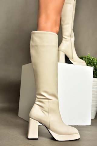 Fox Shoes R282230109 Bej Platform Kalın Topuklu Kadın Çizme Bej