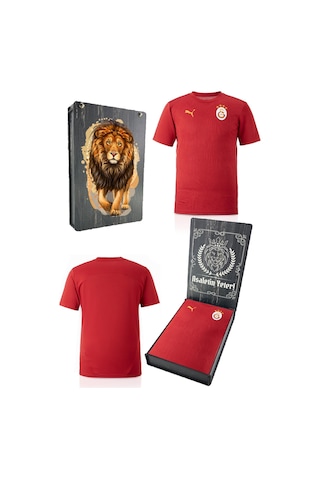Galatasaray Lisanslı Sıfır Yaka Kırmızı A Takım Antrenman T-shirt Gs Aslan Baskılı Hediyelik Ahşap Kutulu Kırmızı - Gri