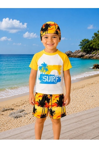 My Kids Wear Erkek Çocuk Dinozor Desenli Deniz Şortu Takımı 3 Parça Mayo Seti 12757 Sarı