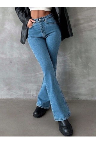 Herton Yüksek Bel İspanyol Paça Jean Pantolon - Eskitme Detaylı Full Pamuklu Flare Denim Koyu Mavi