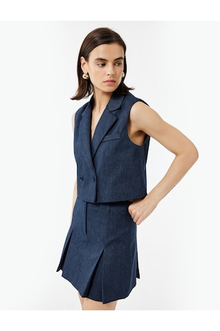 Koton Kruvaze Yaka Kolsuz Crop Blazer Yelek Lacivert Çizgili 6wak20036uw Lacivert Çizgili