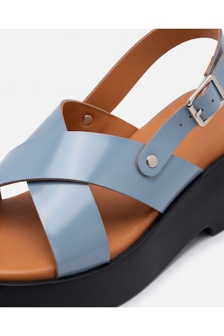 Futsishoes Jade Mavi Hakiki Deri Çapraz Bantlı Platform Topuklu Bilekten Tokalı Kadın Sandalet