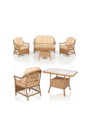Dora Garden Home Inci 2+1+1 Rattan Bahçe Takımı Masalı Kahverengi Siyahçizgili