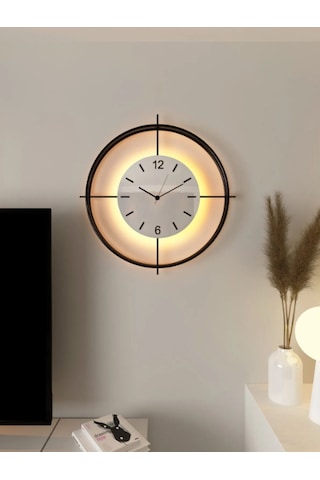 MetaQuartz Aksesuar (XXL-65*65 cm) Ledli Siyah Deluxe Beyaz Göbek - Modern Dekoratif Saat Siyah - Beyaz