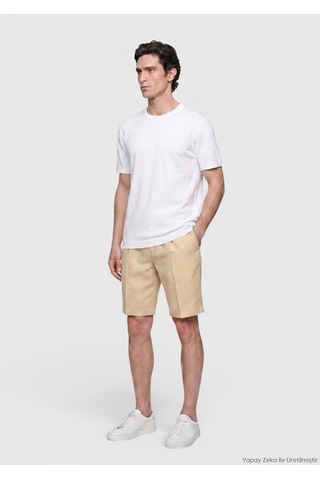 Ramsey Açık Sarı Düz Dokuma Casual Fit Casual Keten Karışımlı Bermuda