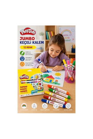 Keçeli Kalem 12 Renk Jumbo 1 Paket Play-doh 12 Li Jumbo Keçeli Kalem Canlı Renkler Yıkanabilir Kaliteli Okul Öğrenci