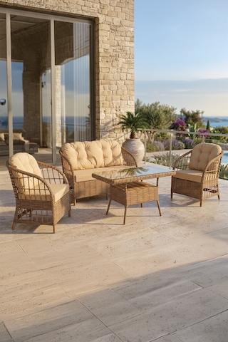 Salviya Serisi 1. Sınf 2+1+1 ve 1 Adet Orta Sehpa Cappucino Rattan Cappucino Minder Bahçe Balkon Oturma Koltuk Takımı