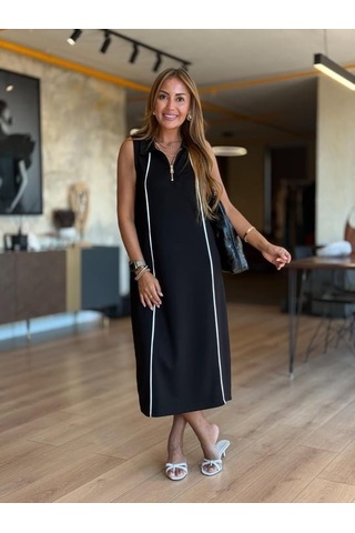 Kadın Modal Kumaş Şerit Detaylı Fermuarlı Midi Elbise Çok Renkli