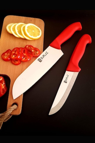 Sürlaz Red Santoku Şef Bıçak Seti Mutfak Bıçağı 2'li Çok Renkli