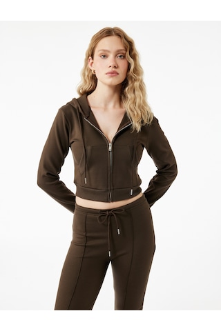 Koton Pamuklu Cepli Uzun Kollu Fermuarlı Kapüşonlu Crop Sweatshirt Kahverengi 6wak10025ek Kahve